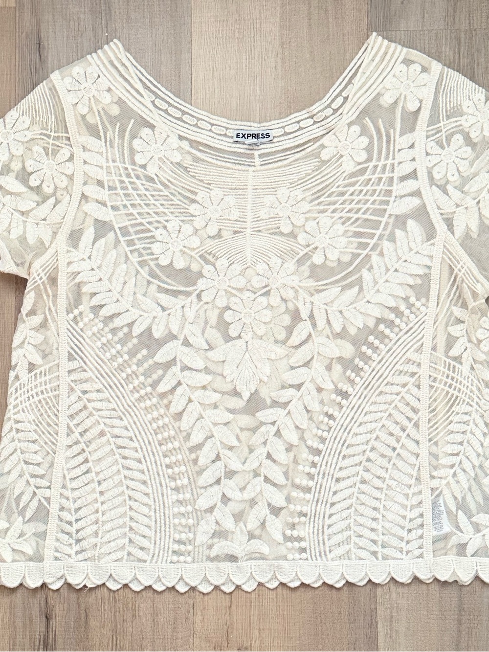 Express Bohemian 70s Delicate Embroidered Cream Floral Lace Women’s Crop Top